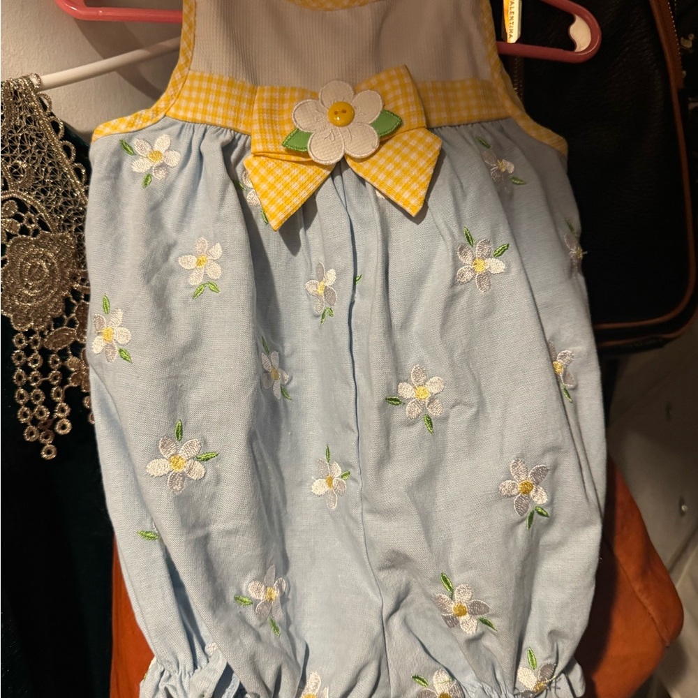 Girls Light Blue Floral Bubble Romper with Yellow Trim